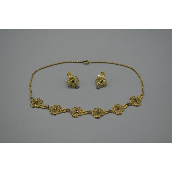 Poppy Earrings & Necklace Matching Set Silver Utika Marking Gold Tone Filigree - Picture 2 of 8